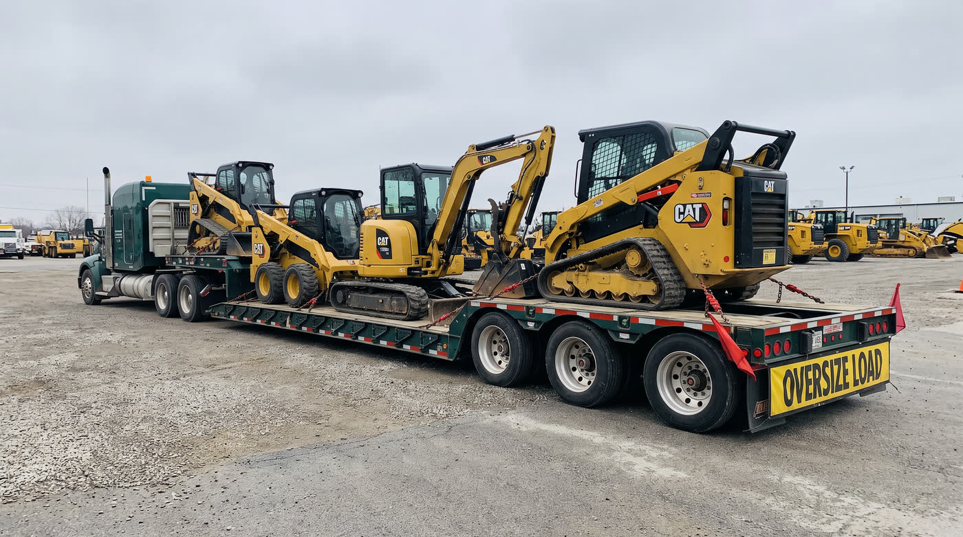 Heavy equipment being collected on a lowboy for return