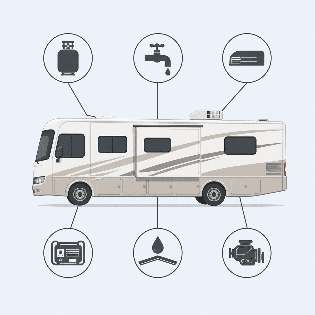 RV specifications sheet covering chassis and house systems